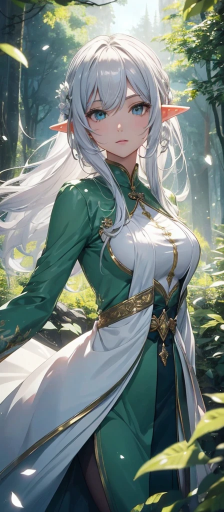 Elf　Very beautiful dress　Light　Silver Hair Girl　high and cold expression　Green Forest　magic　masterpiece超高清牛仔镜头 明亮的画面,HolyElf,Around 20 years old,Floating in the air,Top quality,Top image quality,masterpiece,Exquisite facial details,Holy,