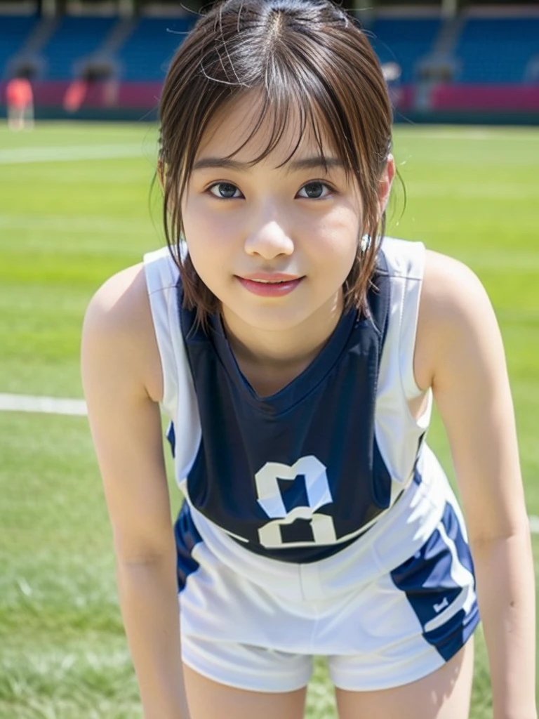 (Best-quality, Masterpiece, Ultra-High-Resolution, (Photorealistic:1.4), Raw Photo, depth of field, professional lighting, perfect anatomy, extremely details), 1girl, 15-years-old, the most famous Japanese idol, standing on athletic-stadium, looking at viewer, innocent smile, ((wearing white track and field sleeveless-uniform)),navy blue high-leg bloomers, ((extremely cute face like the most popular Japanese idol, ((extremely cute big-eyes)), extremely cute short-cut-hair)), (((extremely beautiful and extremely realistic skins)))