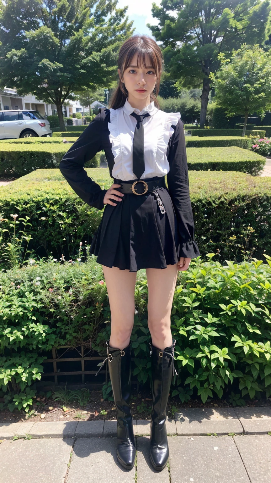 (8K、RAW Photos、Highest quality、masterpiece:1.2)、(Realistic、Realistic)、1 Girl、((Check mini skirt、tie、black、Frills、Thin legs、whole body、boots、blackいコート、one piece、garden、View from the front、Looking into the camera、belt、Stand with hands on hips))、