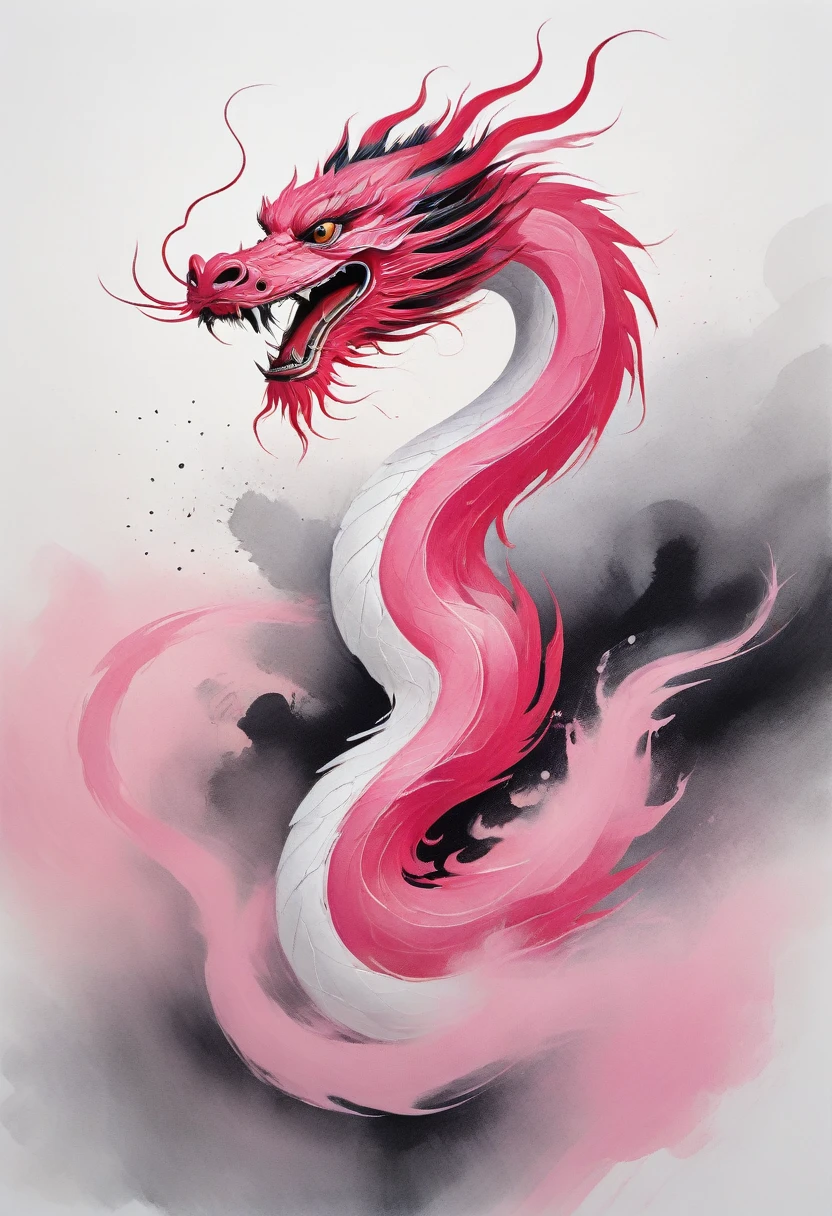 A painting，Chinese dragon painted by Wu Guanzhong，pink的中国龙，Cyberpunk，Ink Painting，pink，National Trend，White background，Abstract simple lines，illustration，masterpiece，Ultra HD