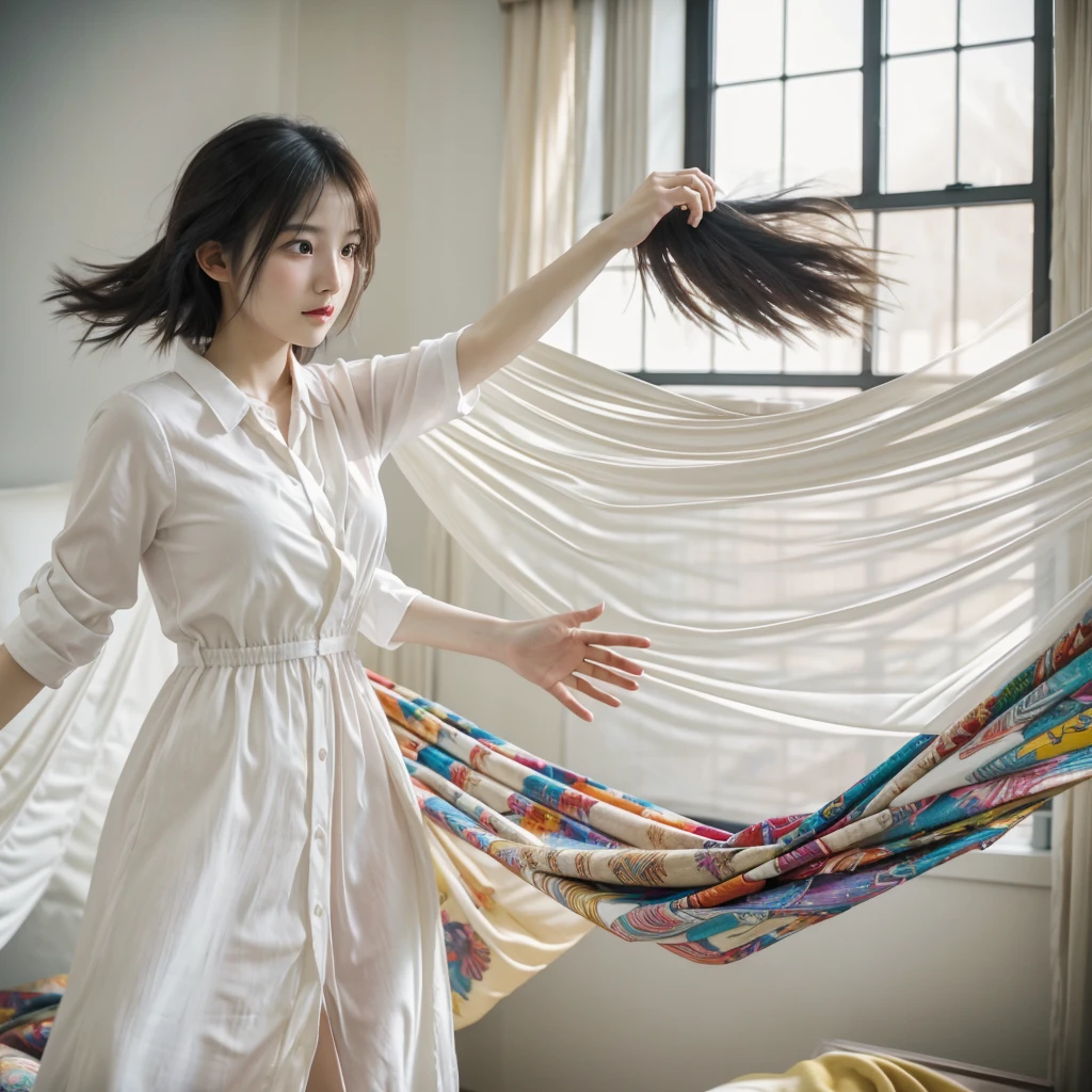 medium shot, best quality of photo, aesthetic abstract art, falling and floating pretty girl with type of fabrics in spare room with fabrics decoration, colorful, glass, wearing shirt dress, detailed face and hands, realistic hair, dramatic, cinematic lighting, shadow on her, rays, realistic object, realistic girl, realistic skin, realistic dress, motion blur, ultra highly detailed, dynamic composition, shot by sony a9 with 100mm lens f/5.4, midjourney v6 photorealistic
