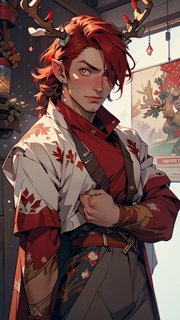 man:1.5,1 man,(male,muscle,1boy, 1 boy,pectoral,man chest, muscular), 25 year old man,young,((1male,1 male,1man,man,male gender:1.5,handsome man,male focus)),((huge antlers:1.5,dear antlers:1.5,blooming antlers:1.5)),(((messy red hair, detailed hair,highly detailed hair,red hair,hair over one eye:1.2))),young handsome male,(((dark_red_eyes:1.2))),intricate eyes,beautiful detailed eyes,symmetrical eyean chest)),handsome face,((muscular)),(detailed face),
(((red winter costume:1.5))),((bulge in pants)),((intricate outfit,intricate clothes)),
(dynamic pose:1.0),heroic,(centered,scale to fit dimensions,Rule of thirds),
inside,indoor,((barn room)),scenery:1.25,((intricate scenery)),((winter decorations)),
(Glossy winter ornaments),highres,sharp focus,(ultra detailed,extremely detailed),(photorealistic artwork:1.37),(extremely detailed CG unity 8k wallpaper),(((vibrant colors,vibrant theme))),(intricate),(masterpiece),(best quality),artistic photography,(photography taken by sldr),(intricate background),perfect rendered face,perfect face details,realistic face,photo realistic,analog style,((intricate detail)),(((realism))),