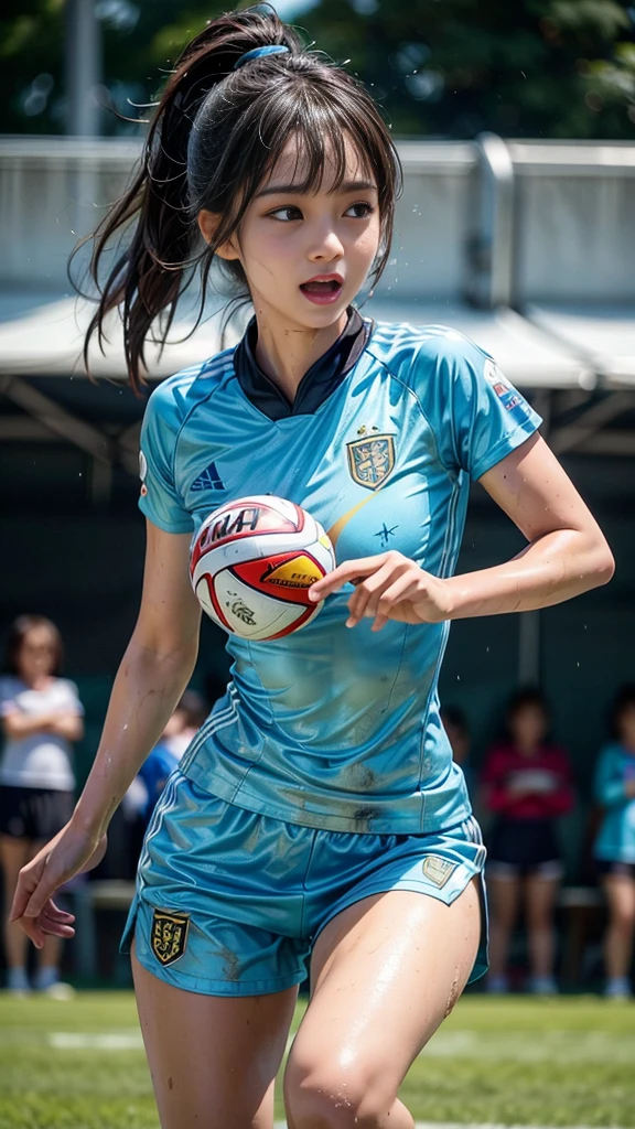 Highest quality, High resolution:1.2, Super detailed, Realistic:1.3, ((Beautiful woman))、((Ultra tight uniform))、Big Breasts、Vibrant colors, play soccer,((blunt bangs))、Has bangs、Wet Hair, Concentration, Splash, Action Shots, Grass blotches, Muddy ground, Wet turf, Decide, Fast-paced games, Athletic physique, Shiny soccer ball, Wet uniform, raindrop, Blurred motion, Focus on the ball, Intense competition, Skillful dribbling, Energetic play, Teamwork, powerful shoots, Wet pitch, Passionate sports, Fierce Decide, Humid atmosphere, Fluid movement, emotional expression、Dramatic lighting, Women's Sports, Avid athletes, Exciting Games, endure, Excited state, Speed and agility, Energetic play, 濡れたSplash、smile、