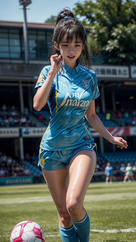 Highest quality, High resolution:1.2, Super detailed, Realistic:1.3, ((Beautiful woman))、((Ultra tight uniform))、Big Breasts、Vibrant colors, play soccer,((blunt bangs))、Has bangs、Wet Hair, Concentration, Splash, Action Shots, Grass blotches, Muddy ground, Wet turf, Decide, Fast-paced games, Athletic physique, Shiny soccer ball, Wet uniform, raindrop, Blurred motion, Focus on the ball, Intense competition, Skillful dribbling, Energetic play, Teamwork, powerful shoots, Wet pitch, Passionate sports, Fierce Decide, Humid atmosphere, Fluid movement, emotional expression、Dramatic lighting, Women's Sports, Avid athletes, Exciting Games, endure, Excited state, Speed and agility, Energetic play, 濡れたSplash、smile、