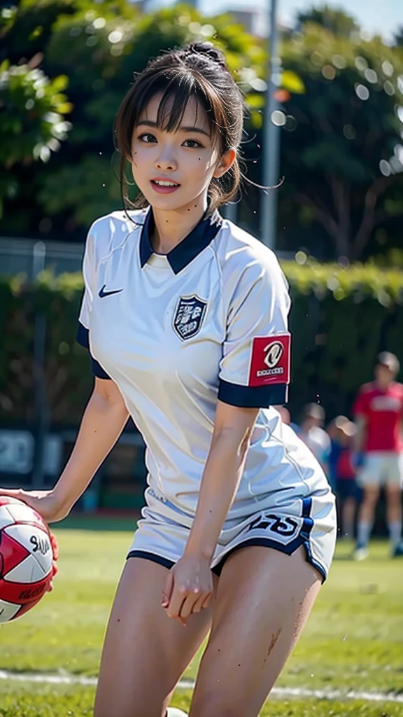 Highest quality, High resolution:1.2, Super detailed, Realistic:1.3, ((Beautiful woman))、((Ultra tight uniform))、((Big Breasts))、Vibrant colors, play soccer,((blunt bangs))、Has bangs、Wet Hair, Concentration, Splash, Action Shots, Grass blotches, Muddy ground, Wet turf, Decide, Fast-paced games, Athletic physique, Shiny soccer ball, Wet uniform, raindrop, Blurred motion, Focus on the ball, Intense competition, Skillful dribbling, Energetic play, Teamwork, powerful shoots, Wet pitch, Passionate sports, Fierce Decide, Humid atmosphere, Fluid movement, emotional expression、Dramatic lighting, Women's Sports, Avid athletes, Exciting Games, endure, Excited state, Speed and agility, Energetic play, 濡れたSplash、smile、Red uniform