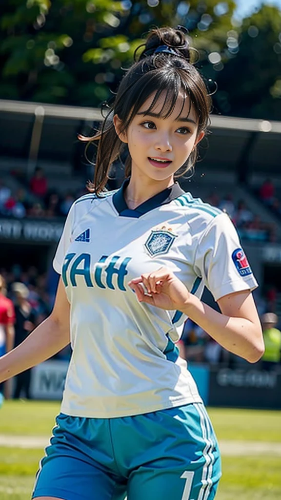 Highest quality, High resolution:1.2, Super detailed, Realistic:1.3, ((Beautiful woman))、((Ultra tight uniform))、((Big Breasts))、Vibrant colors, play soccer,((blunt bangs))、Has bangs、Wet Hair, Concentration, Splash, Action Shots, Grass blotches, Muddy ground, Wet turf, Decide, Fast-paced games, Athletic physique, Shiny soccer ball, Wet uniform, raindrop, Blurred motion, Focus on the ball, Intense competition, Skillful dribbling, Energetic play, Teamwork, powerful shoots, Wet pitch, Passionate sports, Fierce Decide, Humid atmosphere, Fluid movement, emotional expression、Dramatic lighting, Women's Sports, Avid athletes, Exciting Games, endure, Excited state, Speed and agility, Energetic play, 濡れたSplash、smile、Red uniform