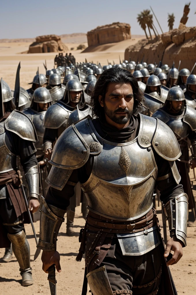 Make an image of a man from 4000 years ago with his Army Of many men with metal armor And swords fighting against giants And vampires in the middle of the desert That the Men have brown skin And that they have long And short hair