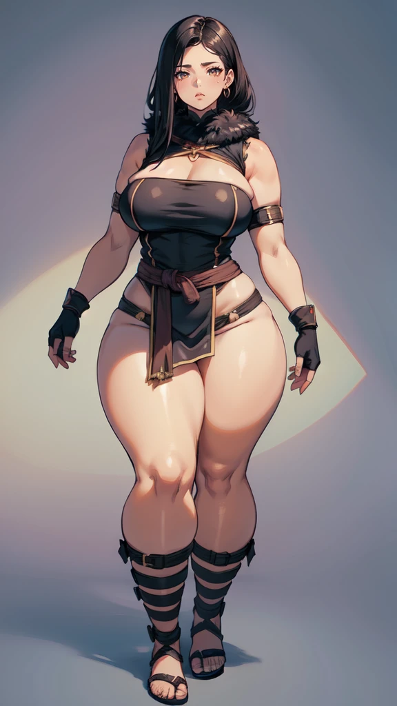 (masterpiece), best quality, female warrior, dark fantasy, huge girl, female muscular:1.2, black hair, (curvy:1.7), ((thick thighs:1.4)), (((blank background))), ((full body)), fingerless gloves, sandals, sleeveless, (straight  hair), (loincloth), (fur top) , strapless top