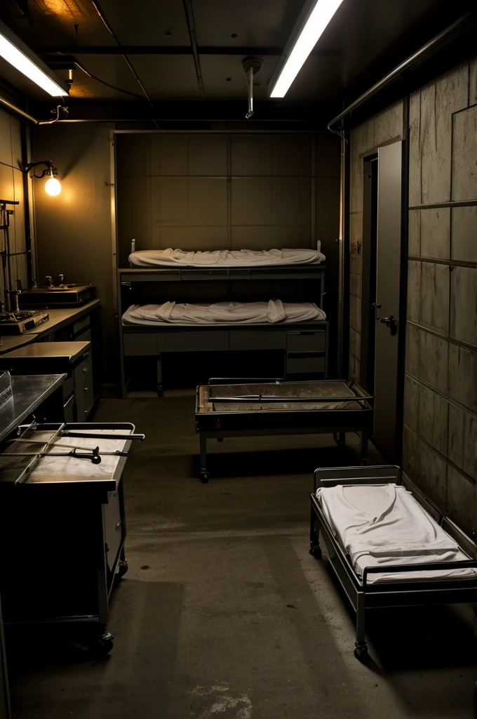A morgue room that looks very dark and extremely scary. There is only one bed for dissecting bodies, and next to the bed, there are surgical instruments. Only one light is on in the room.