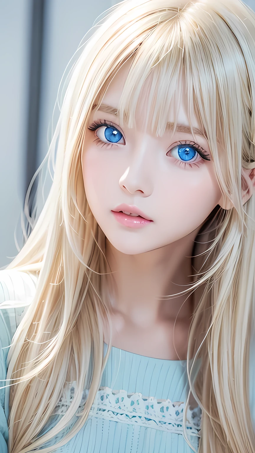 1 Girl, very messy blonde hair, Super long beautiful blonde、Very beautiful super long shiny hair、Bangs between the eyes、bangs on the face、Very beautiful cute face、Very cute beautiful girl、Very white, shiny, radiant skin、solo、super high quality、Hard Focus、Film Grain、Ultra-high resolution、masterpiece、Beautiful detailed, clear, sparkling, light blue large eyes、Very big eyes、Small Face Beauty、Round face、