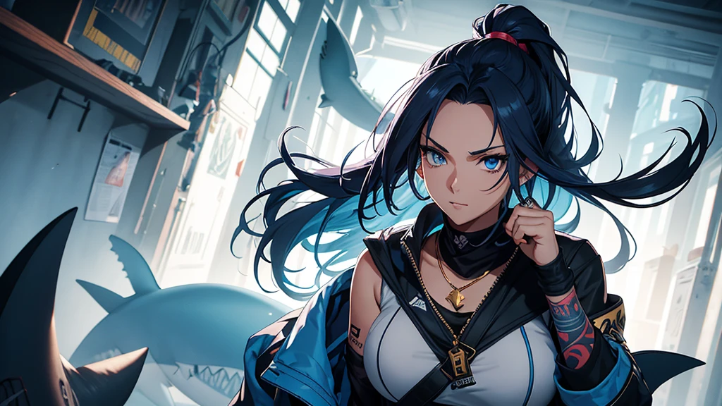 "Create an anime-style illustration of a very tall 20-year-old woman with long dark blue hair in a ponytail. She has predator-like blue eyes and golden canine teeth. Her rebellious look includes a tribal tattoo on her arm and a shark tattoo on her calf. She wears a shark tooth necklace, highlighting her athletic and beautiful appearance. Capture the essence of this character in the illustration."
