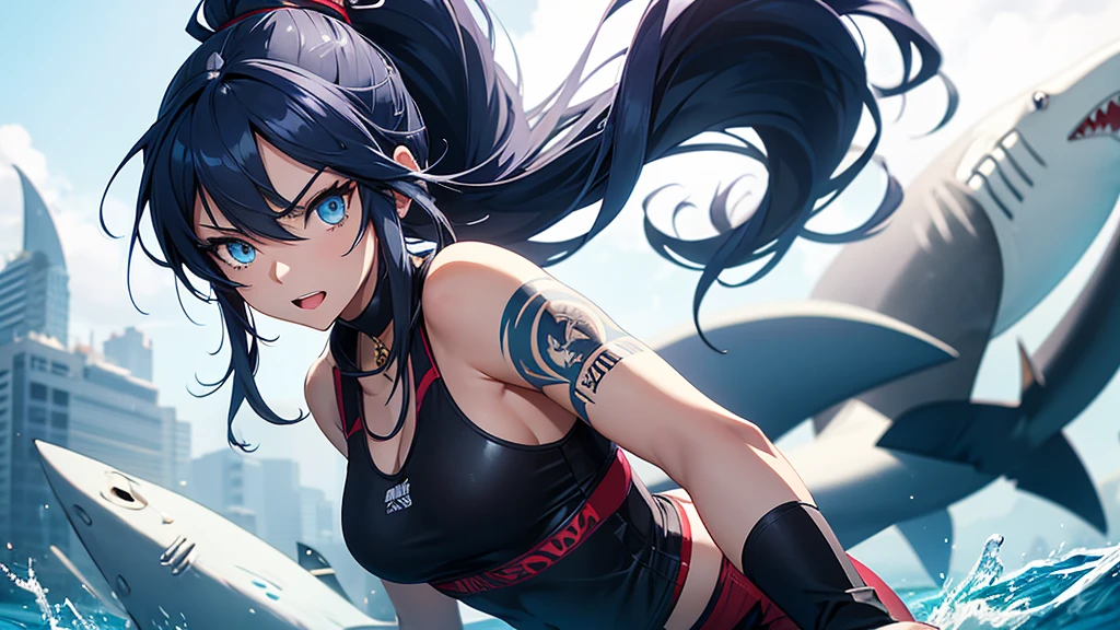 "Create an anime-style illustration of a very tall 20-year-old woman with long dark blue hair in a ponytail. She has predator-like blue eyes and golden canine teeth. Her rebellious look includes a tribal tattoo on her arm and a shark tattoo on her calf. She wears a shark tooth necklace, highlighting her athletic and beautiful appearance. Capture the essence of this character in the illustration."