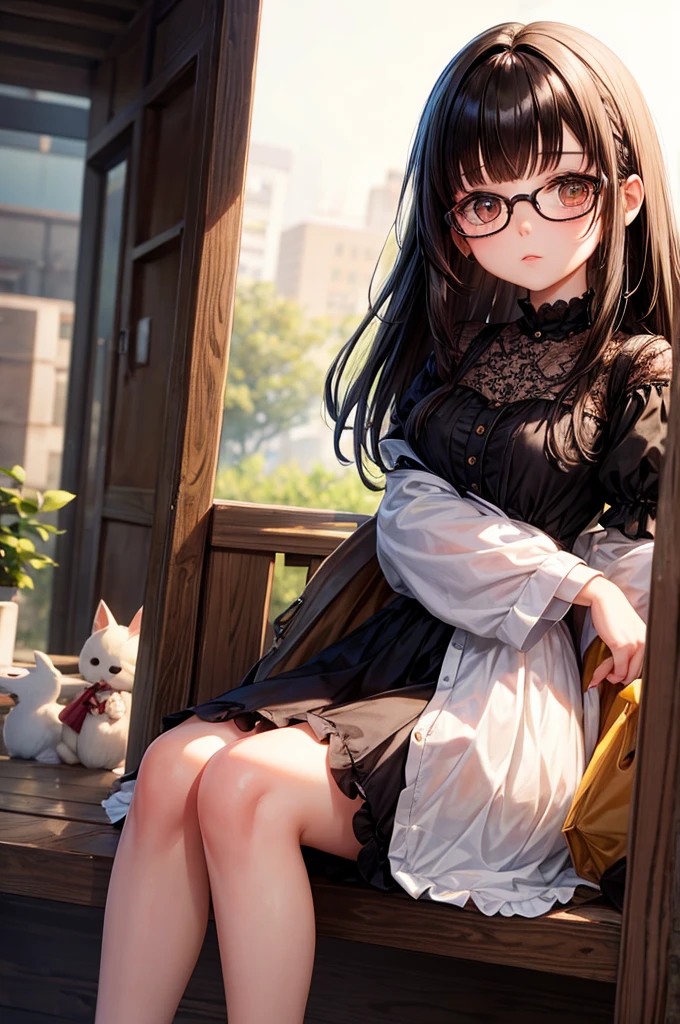blythee doll with bangs, glasses and brown eyes, short dark hair

