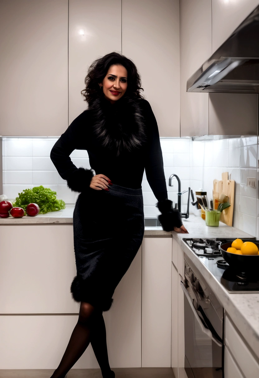40-year-old arabic woman Sexy Black fur sweater Black tights Kitchen Bending Smirk