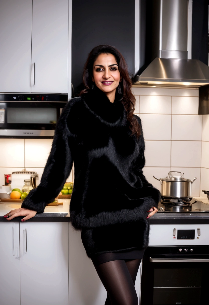 40-year-old arabic woman Sexy Black fur sweater Black tights Kitchen Bending Smirk