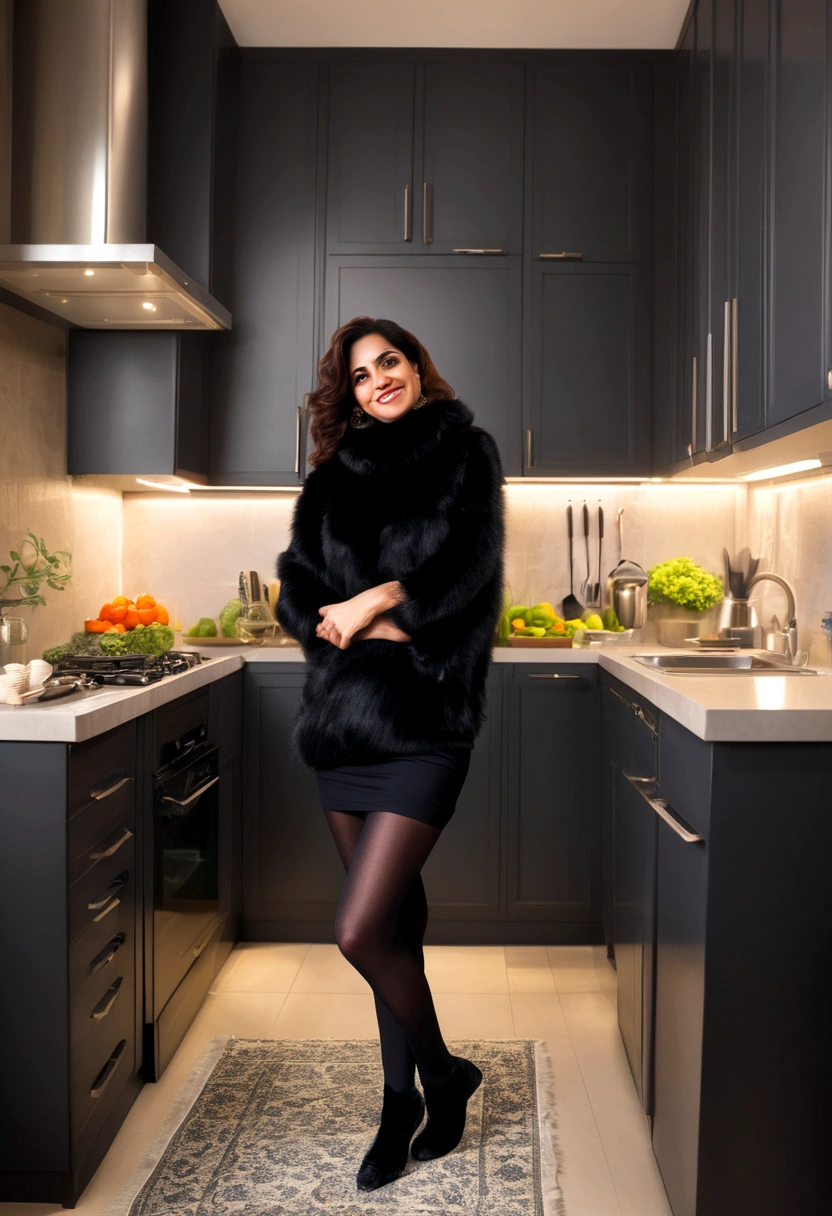 40-year-old arabic woman Sexy Black fur sweater Black tights Kitchen Bending Smirk