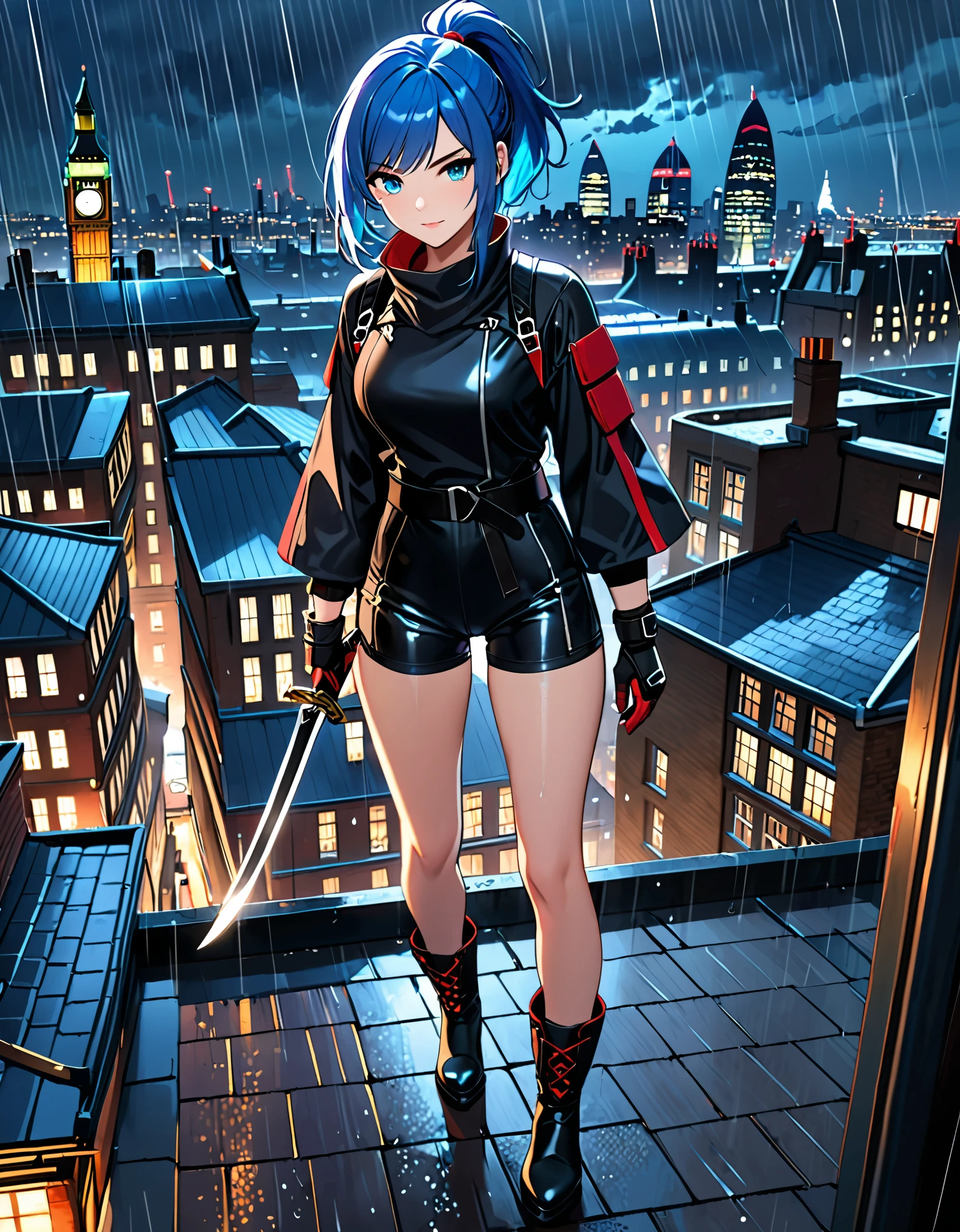 masterpiece, best quality, semi-realistic, solo, solo focus 1girl, blue hair, short hair, ponytail hair, cyan eyes, beautiful detailed eyes, beautiful detailed face, stoic, professional, ninja, black biker shorts, red tactical gloves, bare legs, matching boots, using daggers, london cityscape, rooftop, dutch angle, night, rain, running to viewer, noir atmosphere.