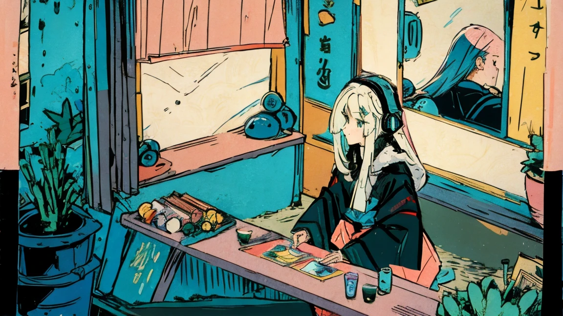 high resolution,High definition,high quality,Girl playing games,gaming computer,Erogeo Art Style, Arte Roffie, zero vibrations, Hip Hop Lofi,aesthetic, Lo-fi art, Lo-fi illustration style, zero, Portrait of Roffey, vibe zero, zero, Chill Hop, Anime Aesthetics,japanese style,large window,girl wearing headphones,sunset