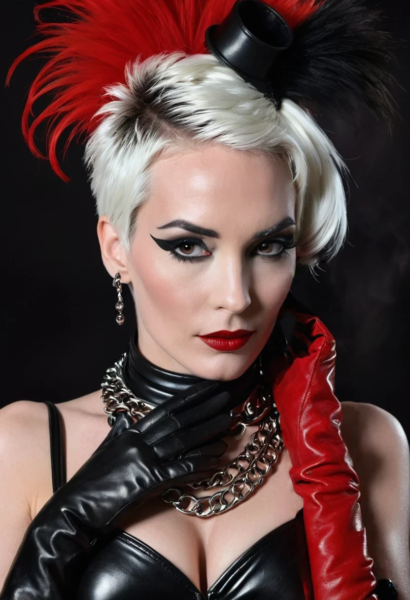 Very thin. Naked sexy Cruella de ville in bdsm style. A very magnificent hairstyle. Shiny steel bracelets on top of black gloves. and Shiny steel bracelet necklaces are on her wrists. She wears a leather harness over her head and face. Leather garters on his feet.. Red, thick smoke in the background.