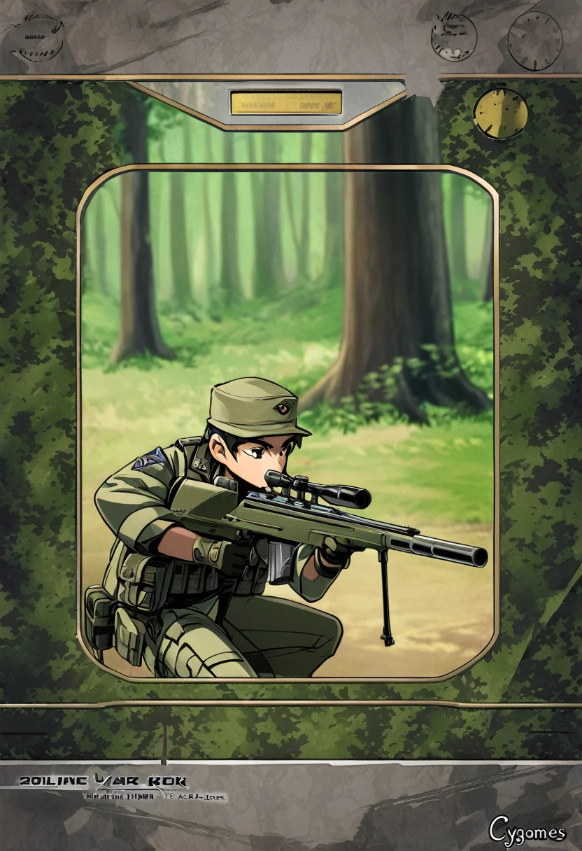 frame of trading card, UI Marks on the upper right and left bottom of the cygames style card.dark and green tone. 14 years old small anthro kemono fox Scout is crouching behind a tree and aiming his sniper rifle at a distant target. He is dressed in a camouflaged jacket and pants,with a bulletproof vest. meticulous post-war military scenes, soft-focus technique