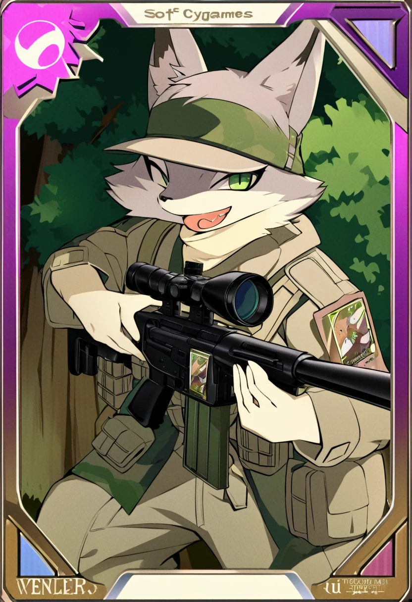 frame of trading card, UI Marks on the upper right and left bottom of the cygames style card.dark and green tone. 14 years old small anthro kemono fox Scout is crouching behind a tree and aiming his sniper rifle at a distant target. He is dressed in a camouflaged jacket and pants,with a bulletproof vest. meticulous post-war military scenes, soft-focus technique
