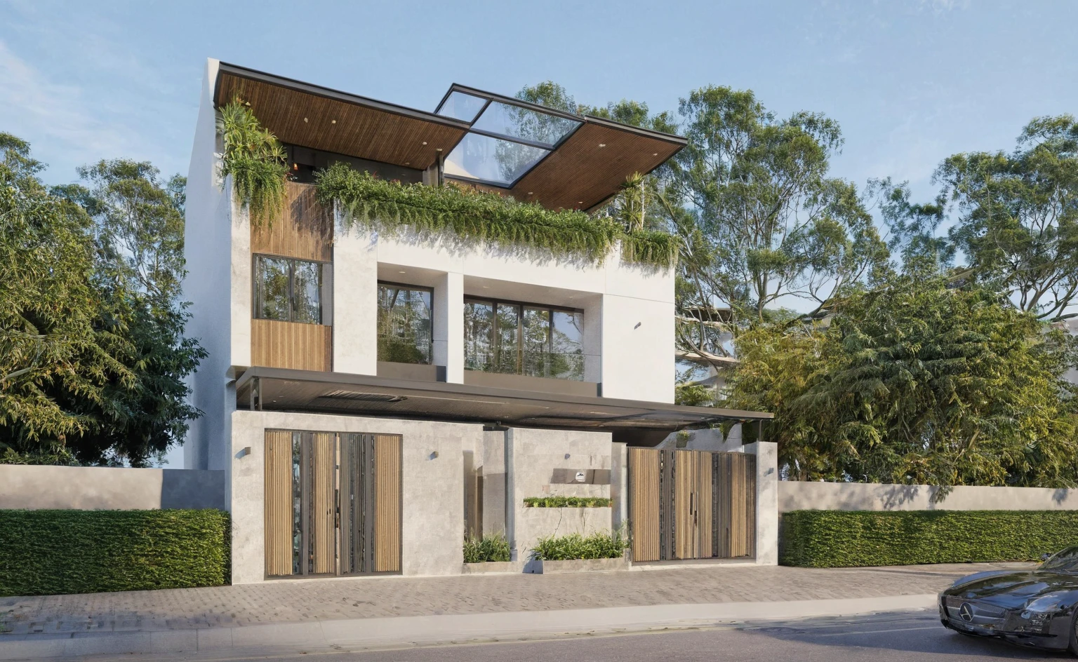 Raw photo,Masterpiece, high quality, best quality, authentic, super detail, exterior, outdoors, house style modern on the street, glass windows, gate, wooden ceiling, road,pavement, trees, sky, cloud, (daylight:1.1)