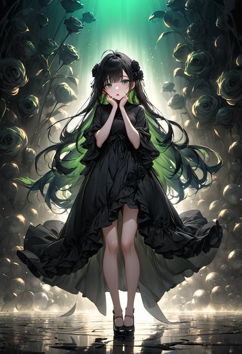 Full Body View, Elevation, Beautiful attention to detail, Beautiful lip detail, Highly detailed eyes and face, Long eyelashes, beautiful and cute young girl, Princess of the Underworld, dark表情, Depressed face, look up, Put your hand over your mouth, White and black gradient hair, Through the bangs, Flowing Hair, Green decorated with black roses黒人の薄いベール, Green decorated with black roses、Very beautiful black dress, dark地下世界の背景, (Highest quality,16K,High resolution,masterpiece:1.2),Super detailed,(Ultra-realistic,Photorealistic:1.37),High resolution,超High resolution,Studio Lighting,Ultra-fine painting,Sharp focus,Physically Based Rendering,Very detailed explanation,Professional,Vibrant colors,Japanese anime style,Dramatic lighting,Chiaroscuro,mysterious,melancholy,dark,Surreal,Fantasy