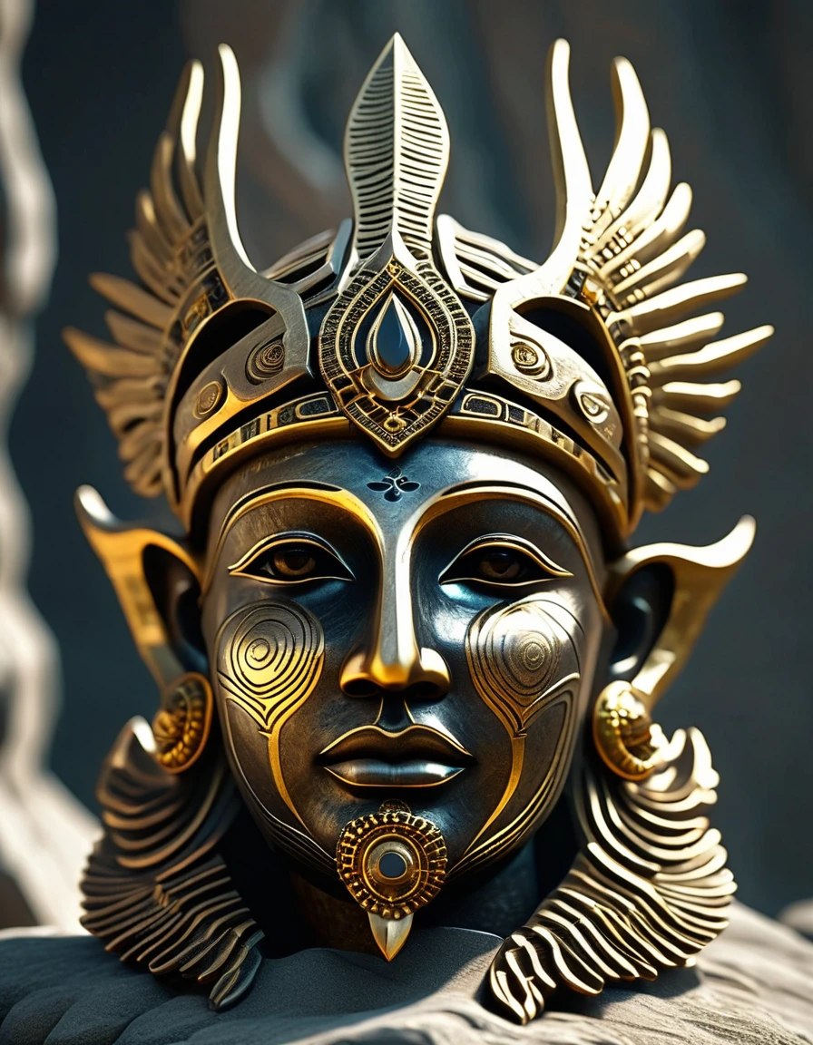 A detailed and intricate sculpture of a spiritual being, rendered in 4K with Unreal Engine. The being is crafted from a mix of stone, mud, gold, and silver, giving it a textured and rustic appearance. Its eyes and crown are particularly striking, featuring a quantum glow that gives them an otherworldly aura. The body is adorned with flat metal stripes, seamlessly integrated with elements of bioengineering, suggesting an advanced and mystical origin. The overall design is highly detailed, blending natural and metallic textures, creating a stunning and mesmerizing visual that combines ancient materials with futuristic technology.