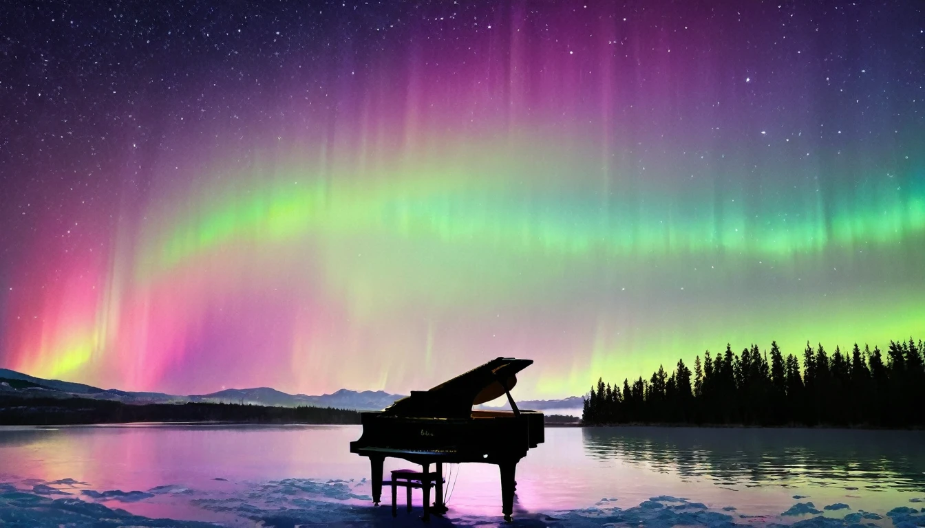 Mysterious and enchanting scenery with one piano placed on the surface of the water under the aurora-filled sky of rainbow. ((A beautiful woman is standing in front of the piano.)) The water surface reflects the view of the Northern Lights and is surrounded by silence. The piano is lit up and looks even more divine.