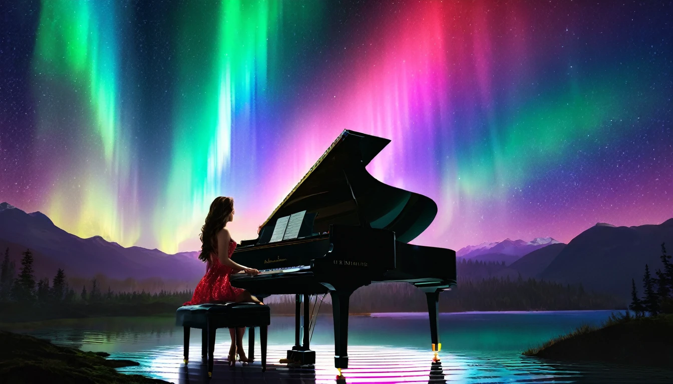 Mysterious and enchanting scenery with one piano placed on the surface of the water under the aurora-filled sky of rainbow. ((A beautiful woman is standing in front of the piano.)) The water surface reflects the view of the Northern Lights and is surrounded by silence. The piano is lit up and looks even more divine.