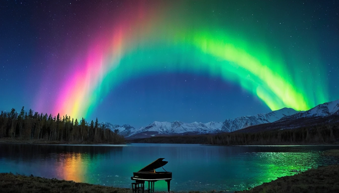 Mysterious and enchanting scenery with one piano placed on the surface of the water under the aurora-filled sky of rainbow. ((A beautiful woman is standing in front of the piano.)) The water surface reflects the view of the Northern Lights and is surrounded by silence. The piano is lit up and looks even more divine.