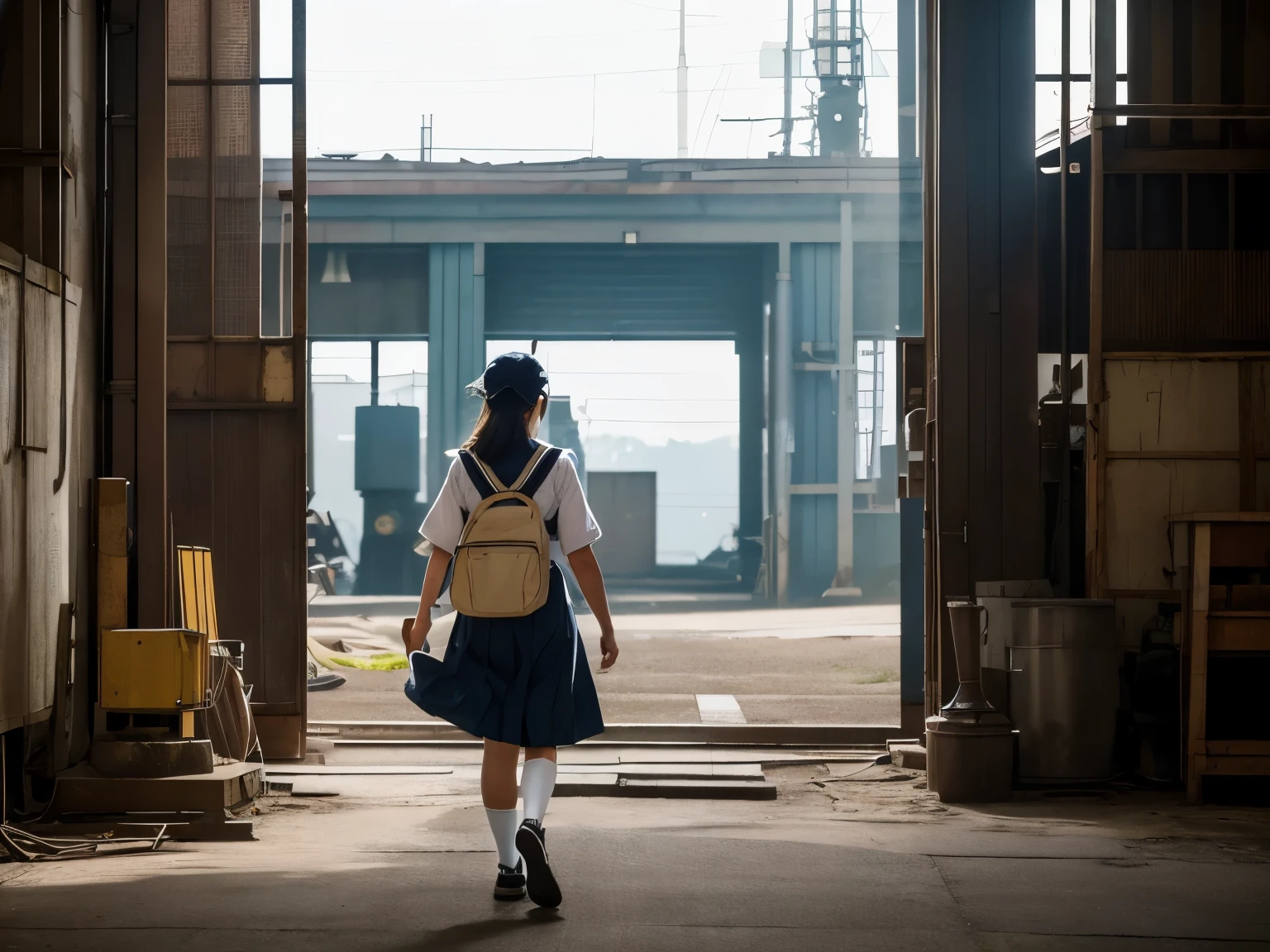 In this finely detailed photograph, a Japanese high school girl in a sailor suit enters and exits a deserted town factory in Japan. The scene captures her entering the factory through a rusted iron door, allowing the viewer to see the inside, where the smell of oil and the sound of machinery waft through the air. She is also depicted walking around the factory and talking with the workers in a friendly manner. In the background, old machines and tools are placed, evoking a sense of time. The overall effect emphasizes a nostalgic and emotional atmosphere.
Translated with DeepL.com (free version)