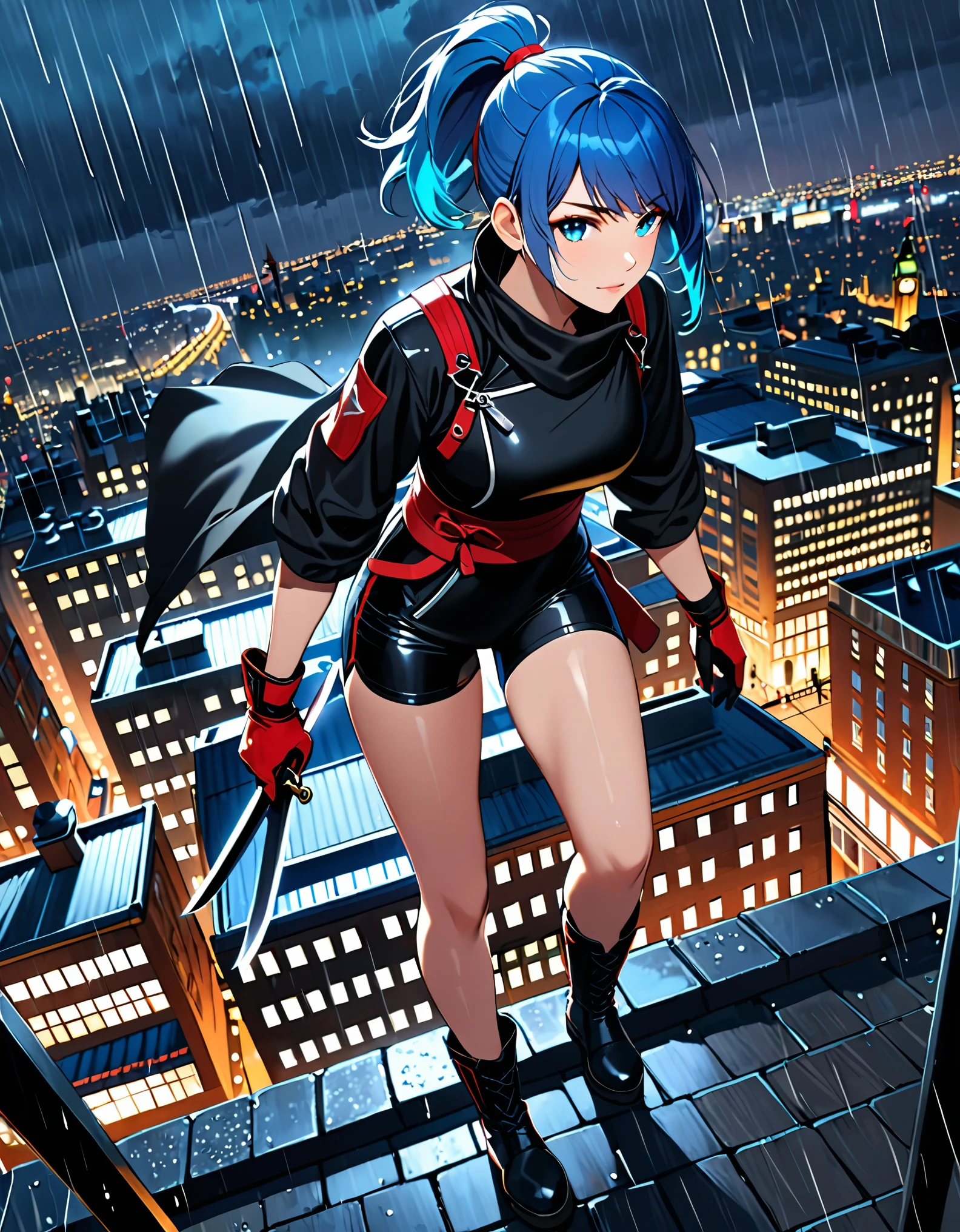 masterpiece, best quality, semi-realistic, solo, solo focus 1girl, blue hair, short hair, ponytail hair, cyan eyes, beautiful detailed eyes, beautiful detailed face, stoic, professional, ninja, black biker shorts, red tactical gloves, bare legs, matching boots, using daggers, london cityscape, rooftop, dutch angle, night, rain, running to viewer, noir atmosphere.