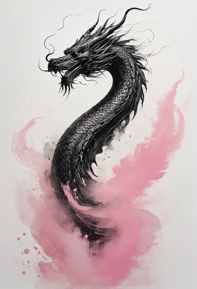 Lovely Chinese dragon drawn by Wu Guanzhong,Cute shape,Dot Art,The dragon leaps from above,Head close-up,Abstract simple lines,illustration,Pink and a little gold,Advanced color matching,White background,18k