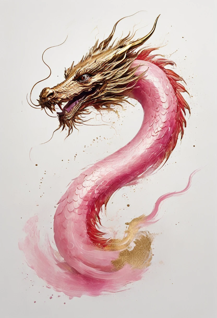 Lovely Chinese dragon drawn by Wu Guanzhong,Cute shape,Dot Art,The dragon leaps from above,Head close-up,Abstract simple lines,illustration,Pink and a little gold,Advanced color matching,White background,18k