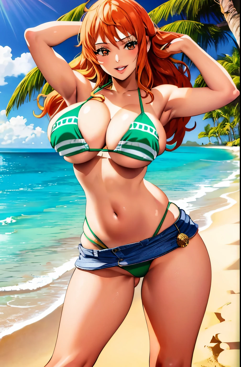 masterpiece, best quality, ultra-detailed, 1girl (namiop, Big and pretty breasts, orange hair, long hair), wicked smile, parted lips, solo, bikini top, bikini bottom, beach, standing, Sexy waist teasing, arms up pose