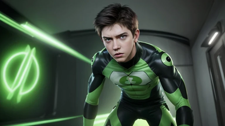 create an enclosed space with perfect lighting, crie ben 10, be in a realistic open sky setting character, live action, realistic background, 8K, canon, cinema image