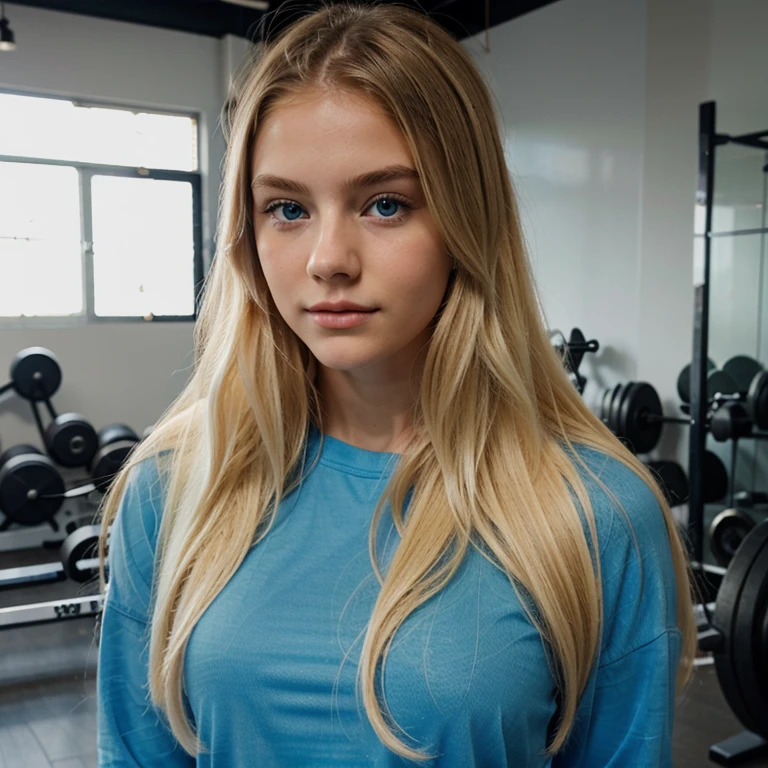 long hair, blonde, 20 year old, blue eyes, delicate face, fashionable, gym, fit clothing