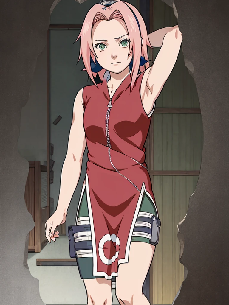 whole body, Sakura Shippuden, Sakura Haruno, naked, Alone, 1 girl, shaved armpits, arm behind head, focus on armpit, green eyes
