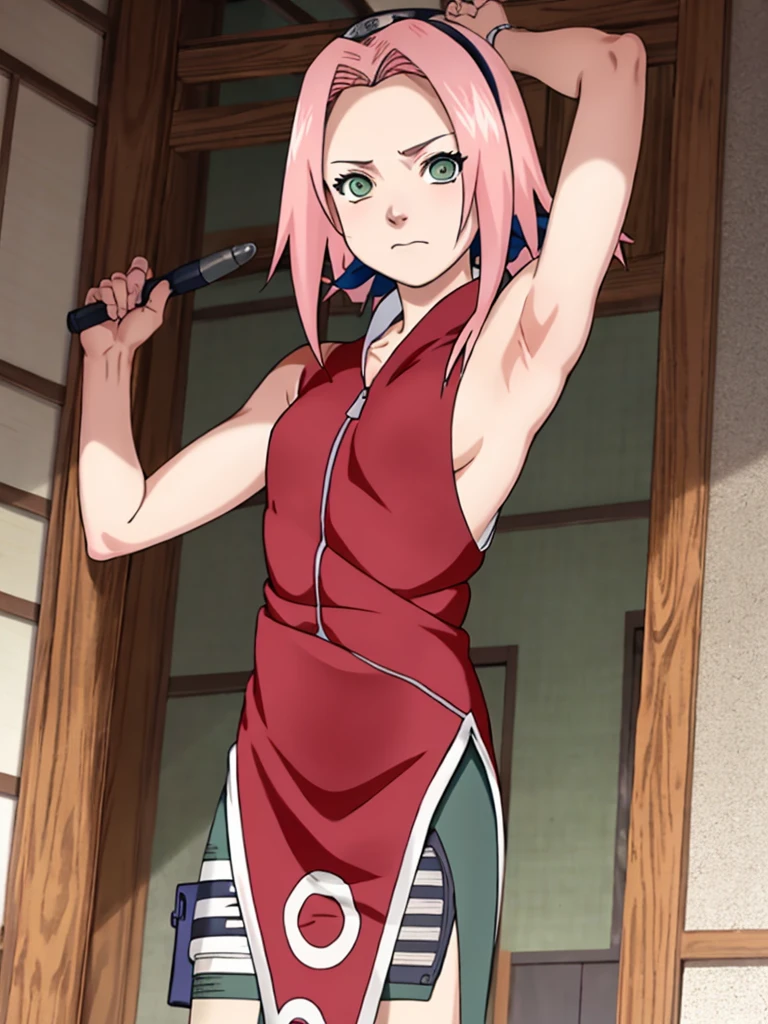 whole body, Sakura Shippuden, Sakura Haruno, naked, Alone, 1 girl, shaved armpits, arm behind head, focus on armpit, green eyes