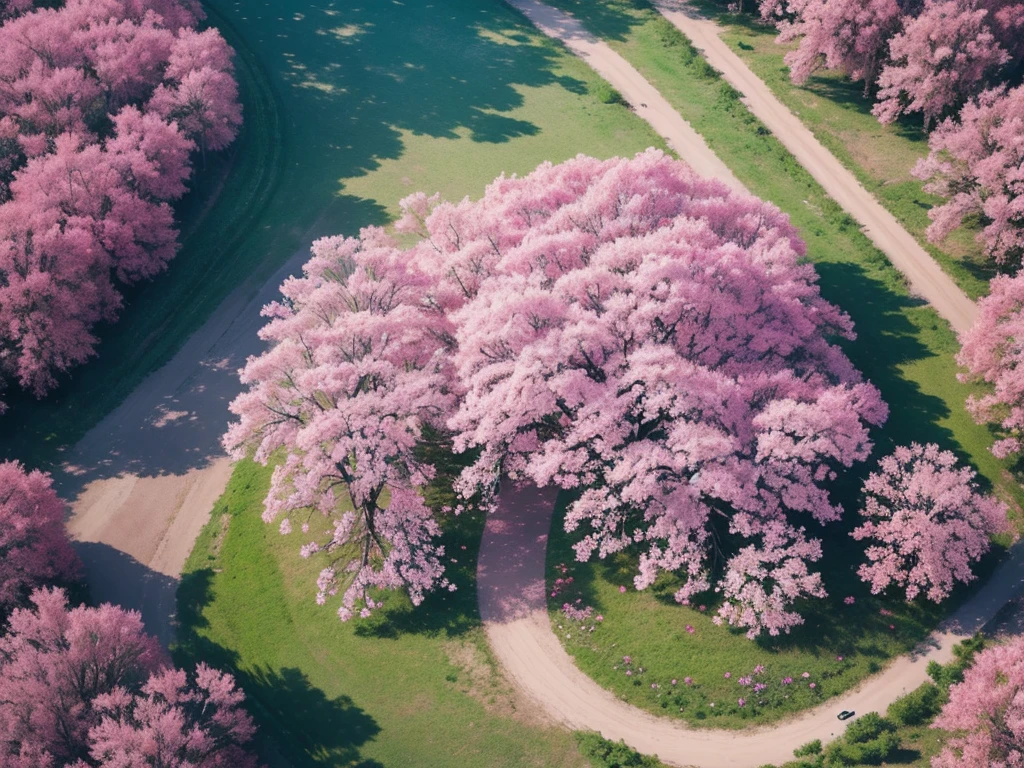 Aerial view，The ground is covered with pink flowers，Endless flowers，Beautiful colors，Real material，Ultra-detailed scenes，4K，real picture