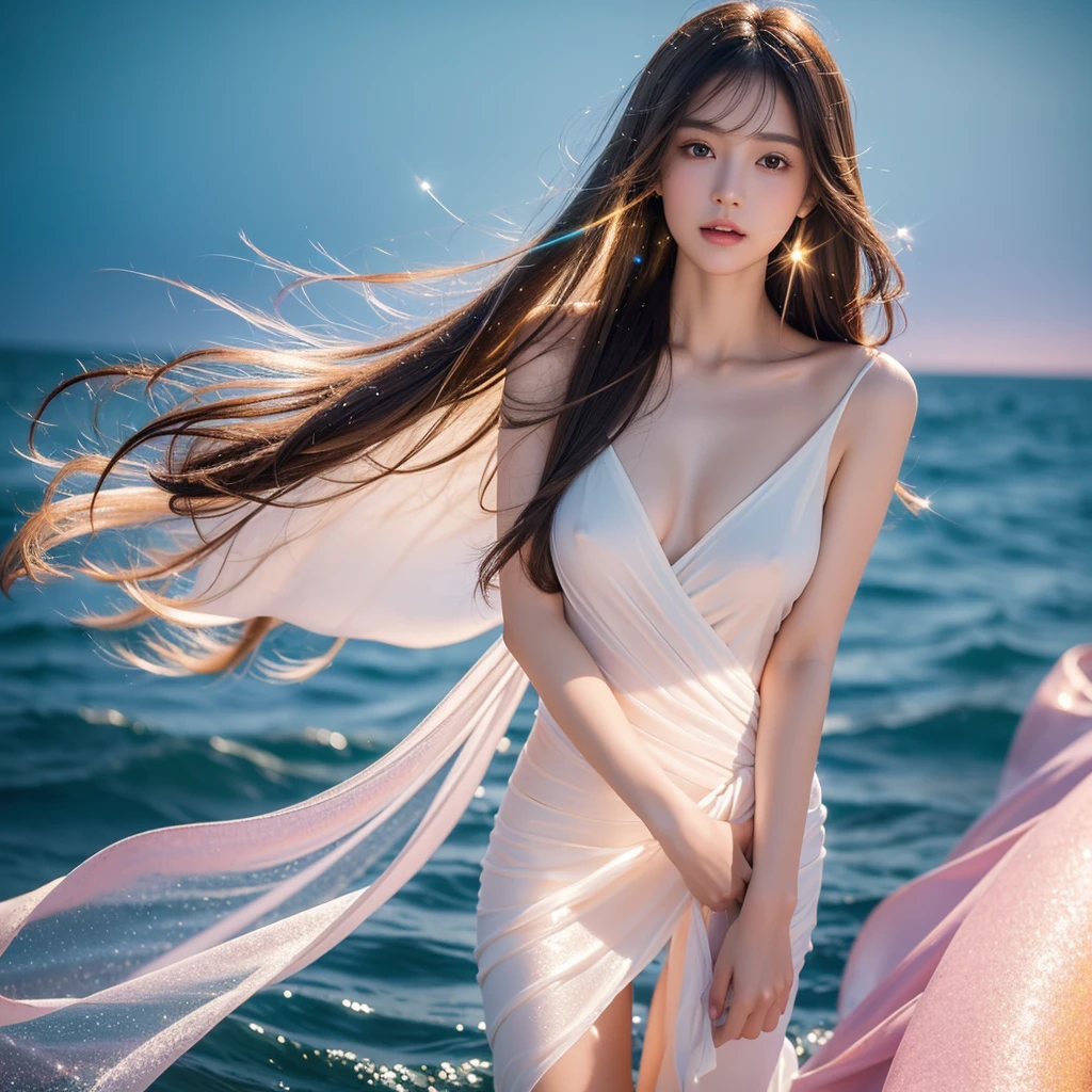 (highest quality, 32k, High resolution, masterpiece:1.5,), Haunting fantasy portrait in abstract style, ((In a swirl of fantastic pastel colors and soft light)), Evoking a sense of soothing tranquility and elusive beauty, Award-winning masterpiece with amazing details, cute japanese woman, 14 years old, perfect human anatomy, big magical eyes, gentle smile, ((Shiny detailed brown hair)), Long straight hair tousled by the wind, Beautiful asymmetrical bangs, hair between eyes, smooth and soft skin, thin eyebrows, clear double eyelids, Attractive pink lips, ((naked, Wrap your body in a transparent silk cloth)), High resolution perfect collarbone, High resolution beautiful bust, Slender body with plump breasts, ((Colorful sparkling light effects:1.3)), summer blue sea, The blue, sparkling water surface reflecting light, bright sunshine, professional lighting, professional photographer, Professional models,mysterious