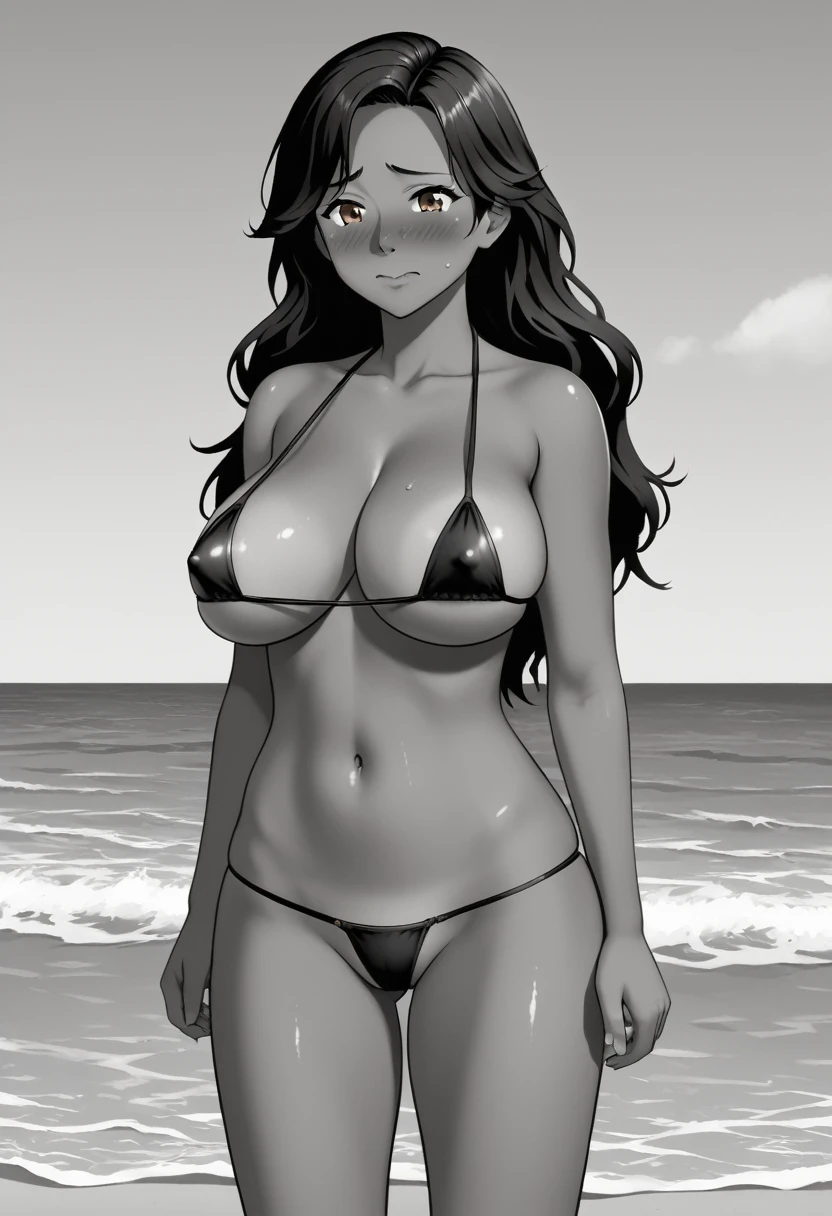 A beautiful, dark skinned anime girl with long, messy black hair standing on a beach, waves crashing around her. She has a perfect, curvy figure with large breasts, wearing a micro bikini that reveals her body. Her brown eyes are filled with a bashful, embarrassed expression, with a blush on her cheeks, nose, and face. The scene is captured with the highest quality, 4K resolution, masterpiece-level of detail.