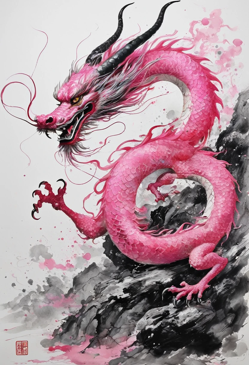 A painting,Chinese dragon painted by Wu Guanzhong,pink的中国龙,Cyberpunk,Ink Painting,pink,National Trend,White background,Abstract simple lines,illustration,masterpiece,Ultra HD