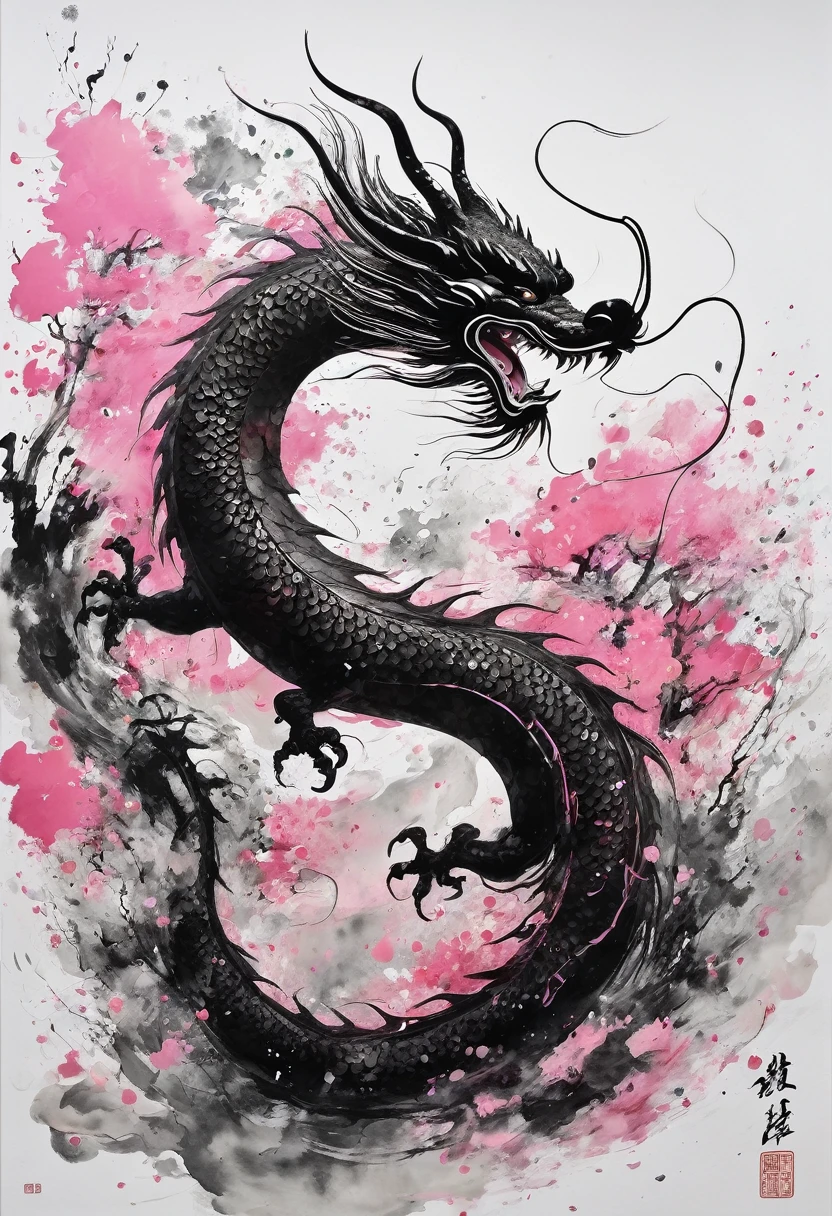 A painting,Chinese dragon painted by Wu Guanzhong,pink的中国龙,Cyberpunk,Ink Painting,pink,National Trend,White background,Abstract simple lines,illustration,masterpiece,Ultra HD