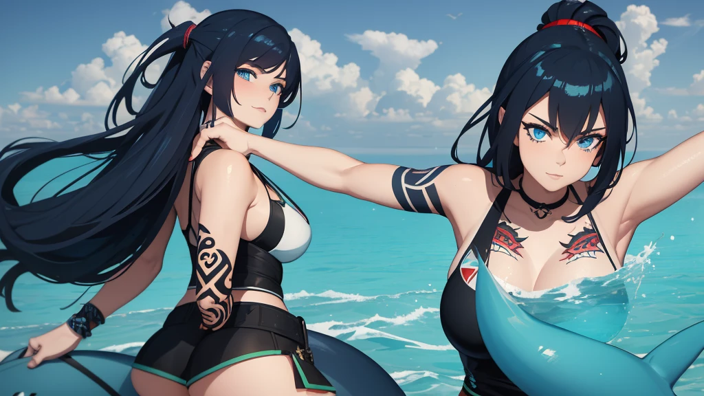 "Create an anime-style illustration of a very tall 20-year-old woman with long dark blue hair in a ponytail. She has predator-like blue eyes and golden canine teeth. Her rebellious look includes a tribal tattoo on her arm and a shark tattoo on her calf. She wears a shark tooth necklace, highlighting her athletic and beautiful appearance. Capture the essence of this character in the illustration."






