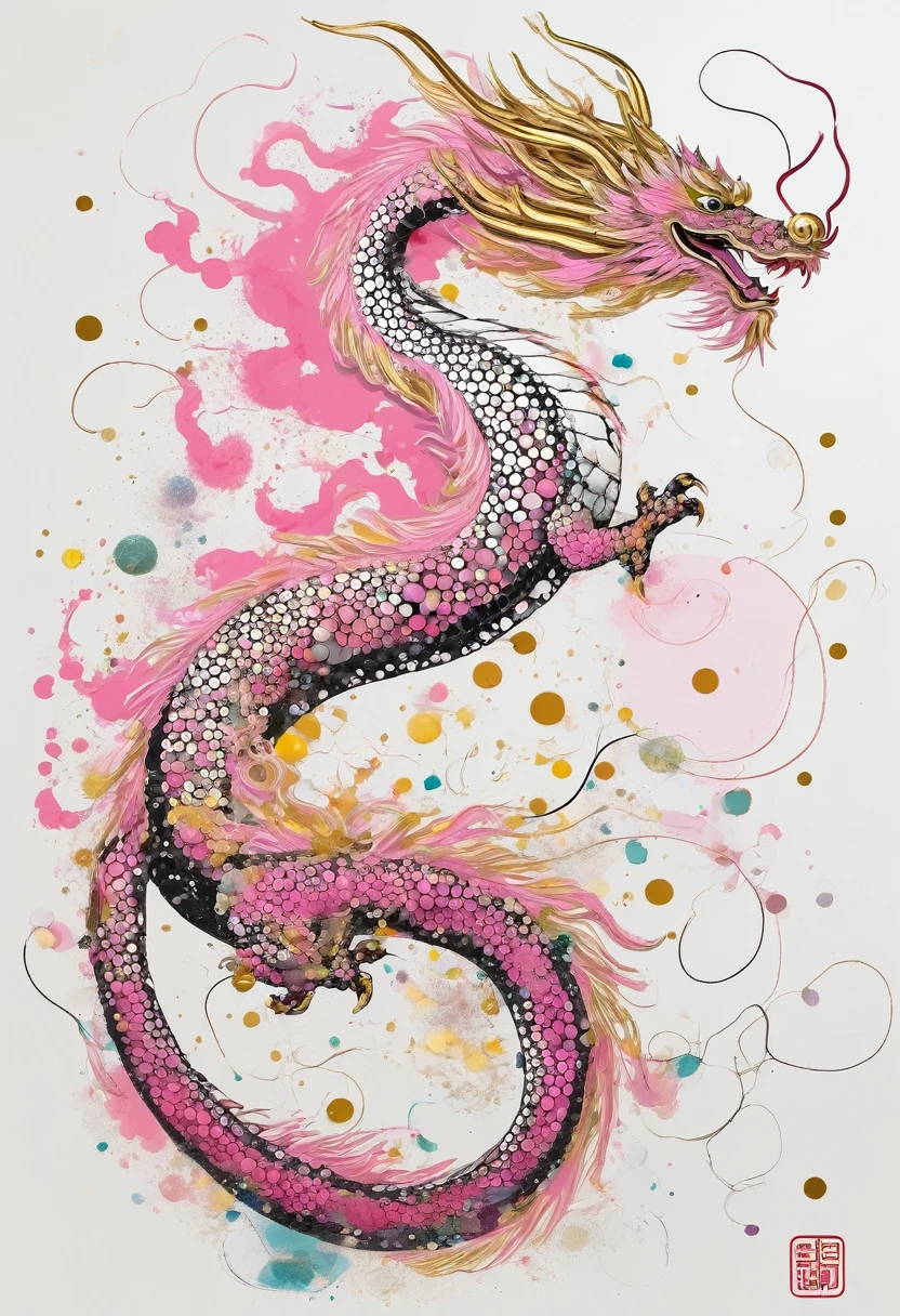 Lovely Chinese dragon drawn by Wu Guanzhong,Cute shape,Dot Art,The dragon leaps from above,Head close-up,Abstract simple lines,illustration,Pink and a little gold,Advanced color matching,White background,18k