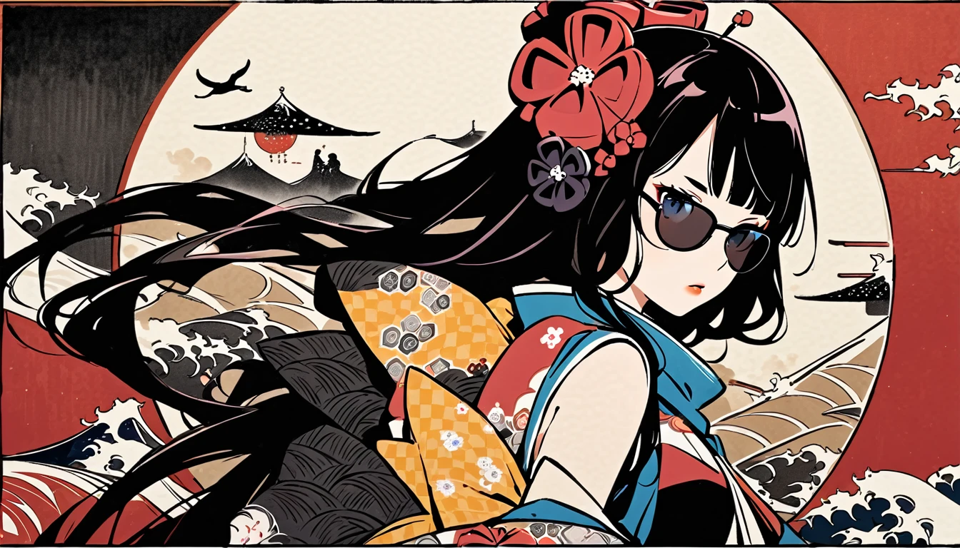 (((Highest quality))), (((Katsushika Hokusai))), (((Ink Painting))), ((very straight longhair)), ((1 girl)), ((Near future city)), ((Beautiful girl in sunglasses)), Japanese style headphones, Black Hair, Delicate and precise, Modern ukiyo-e style