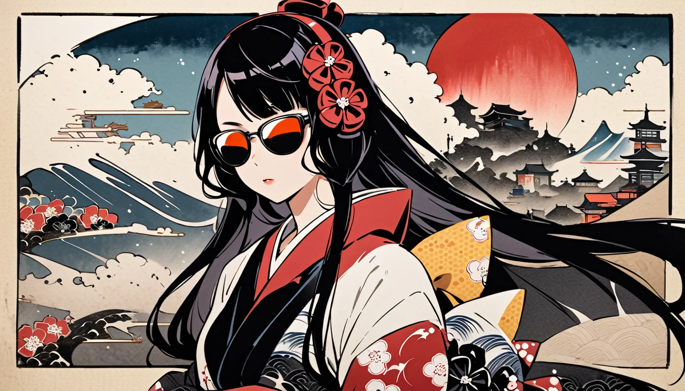 (((Highest quality))), (((Katsushika Hokusai))), (((Ink Painting))), ((very straight longhair)), ((1 girl)), ((Near future city)), ((Beautiful girl in sunglasses)), Japanese style headphones, Black Hair, Delicate and precise, Modern ukiyo-e style