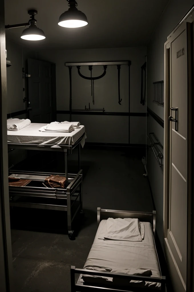 A morgue room that looks very dark and extremely scary. There is only one bed for dissecting bodies, and next to the bed, there are surgical instruments. Only one light is on in the room.